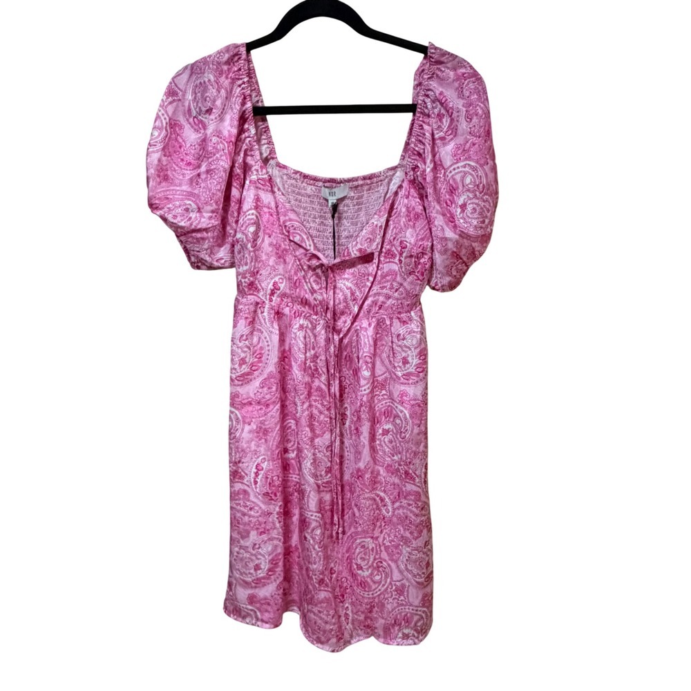 NSR Pink Paisley Puff Sleeve Mini Dress CD13003 Square Neck Smocked Back XS